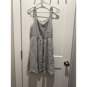 Gray & White Pinstripe Dress Size Medium Seersucker Ruffled Straps Ruched Back